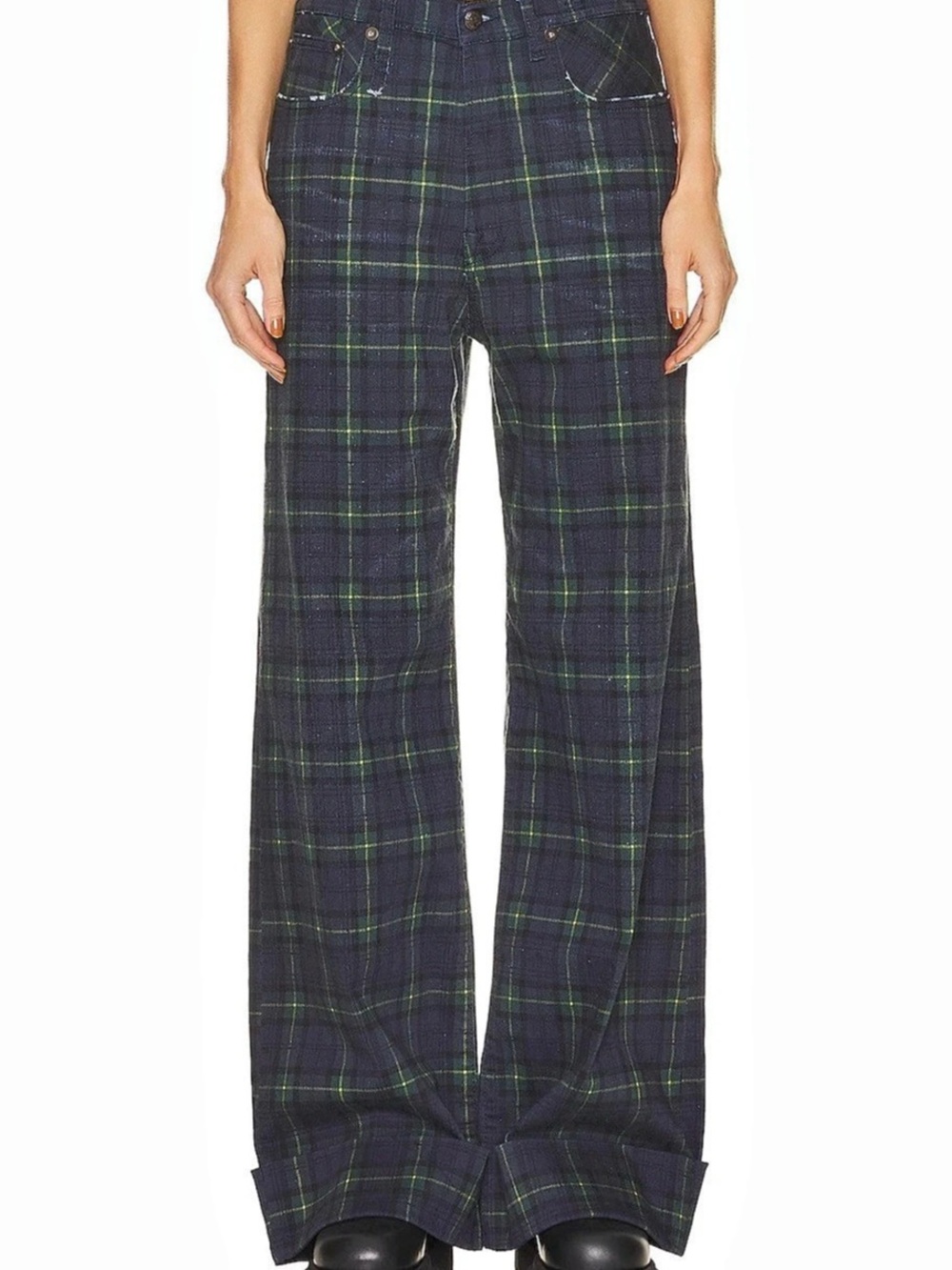 R13 Lisa Baggy Jean in Printed Tartan Plaid Wide Leg Trouser Blue & Green Sz 31